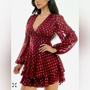 B DARLIN' Burgundy Tiered Dress W/ Gold Metallic Accents Tie-Waist Size:7/8 NWT!
